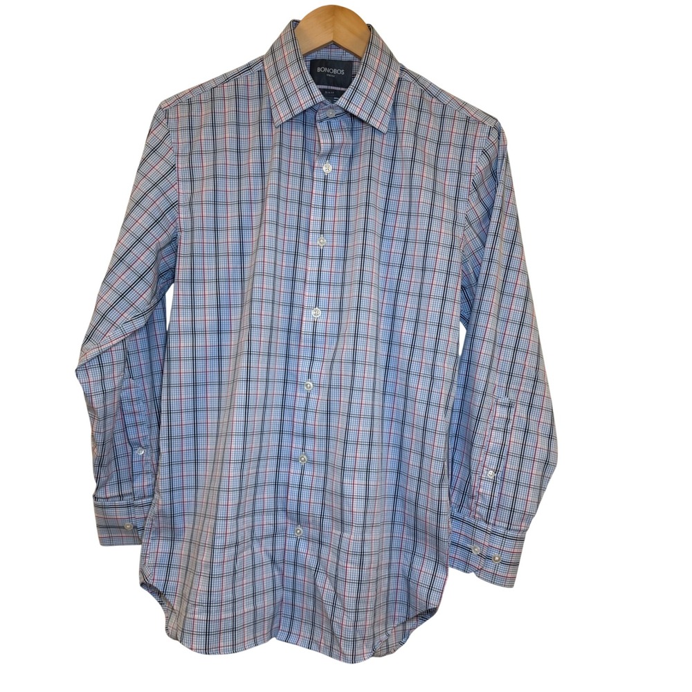 BONOBOS Stretch Slim Fit Plaid Dress Shirt Mens 15.5 32 Blue Pink White Gray